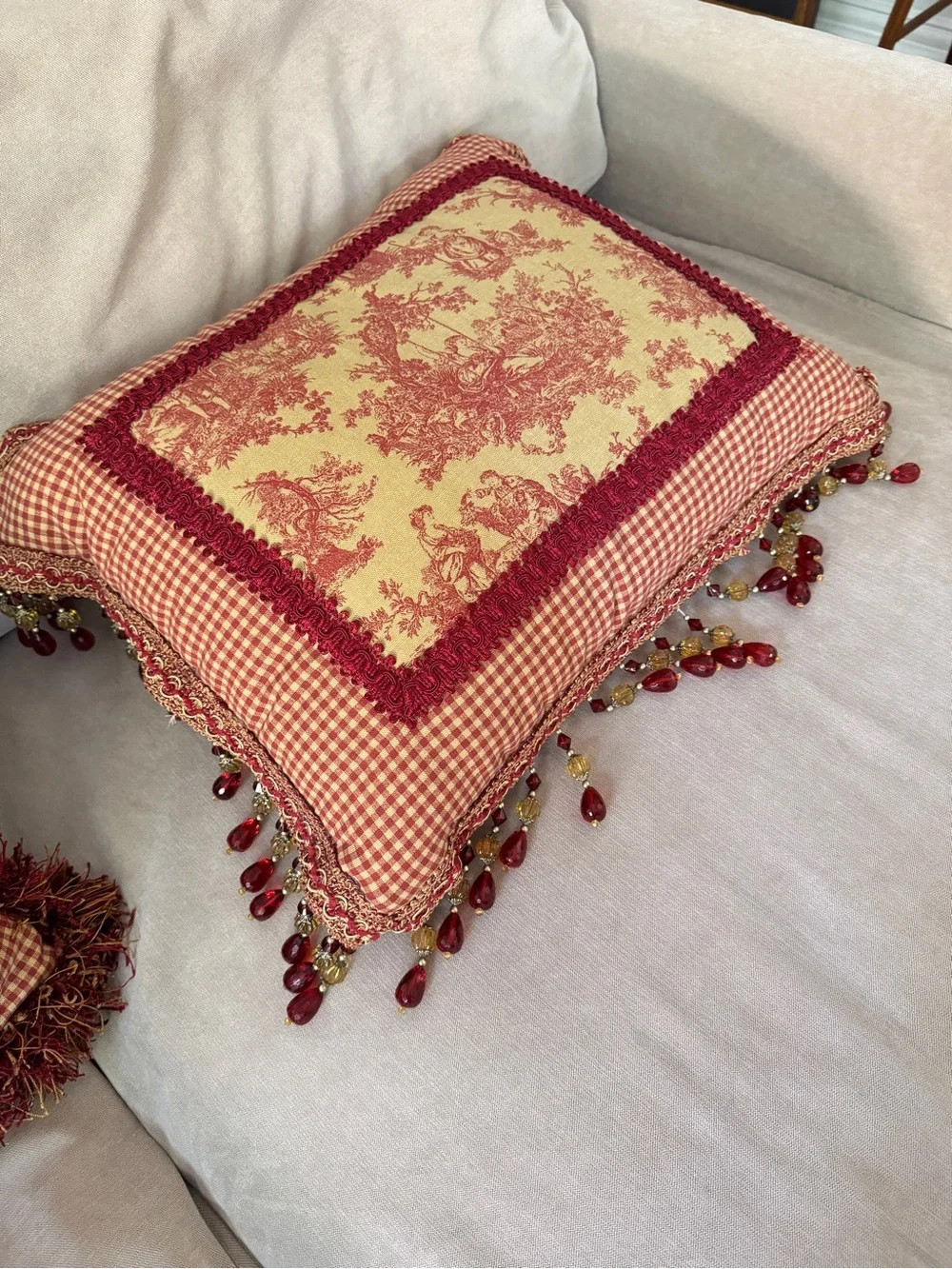 French Country Cottage Red Ivory English Toile Check Tassels Beaded Foam Pillow